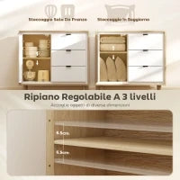 Credenza Moderna con 3 Cassetti e Armadietto, Ripiano Interno Regolabile e Ante Lucide, Bianco e Rovere