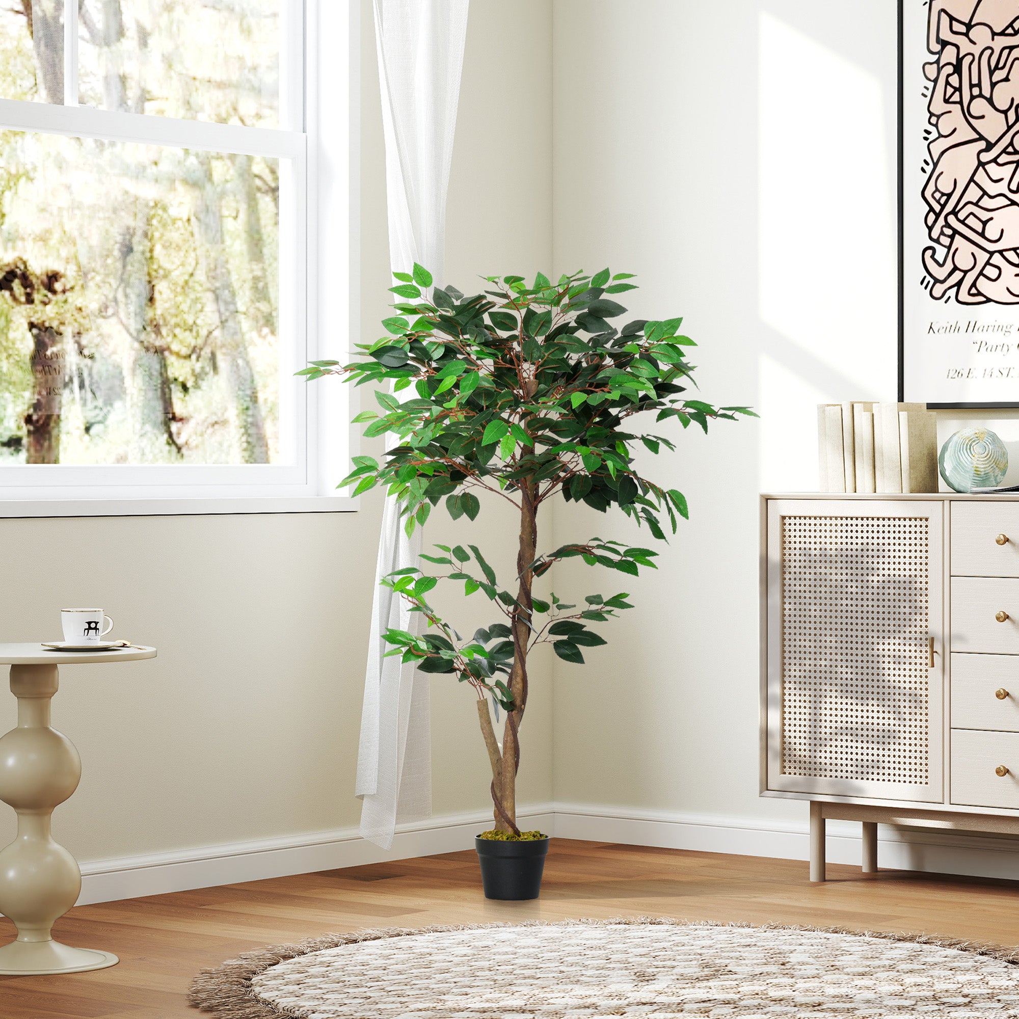 Pianta Artificiale Albero del Tè con 546 Foglie Realistiche e Vaso Cemento 120 cm Verde