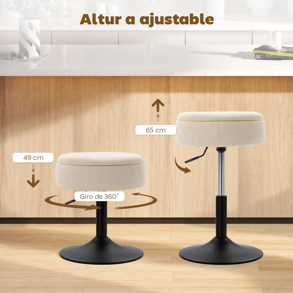 Sgabello da Bar con Contenitore ¨C zephmum ¨C Altezza Regolabile, Rotante, Imbottito in Chenille Beige