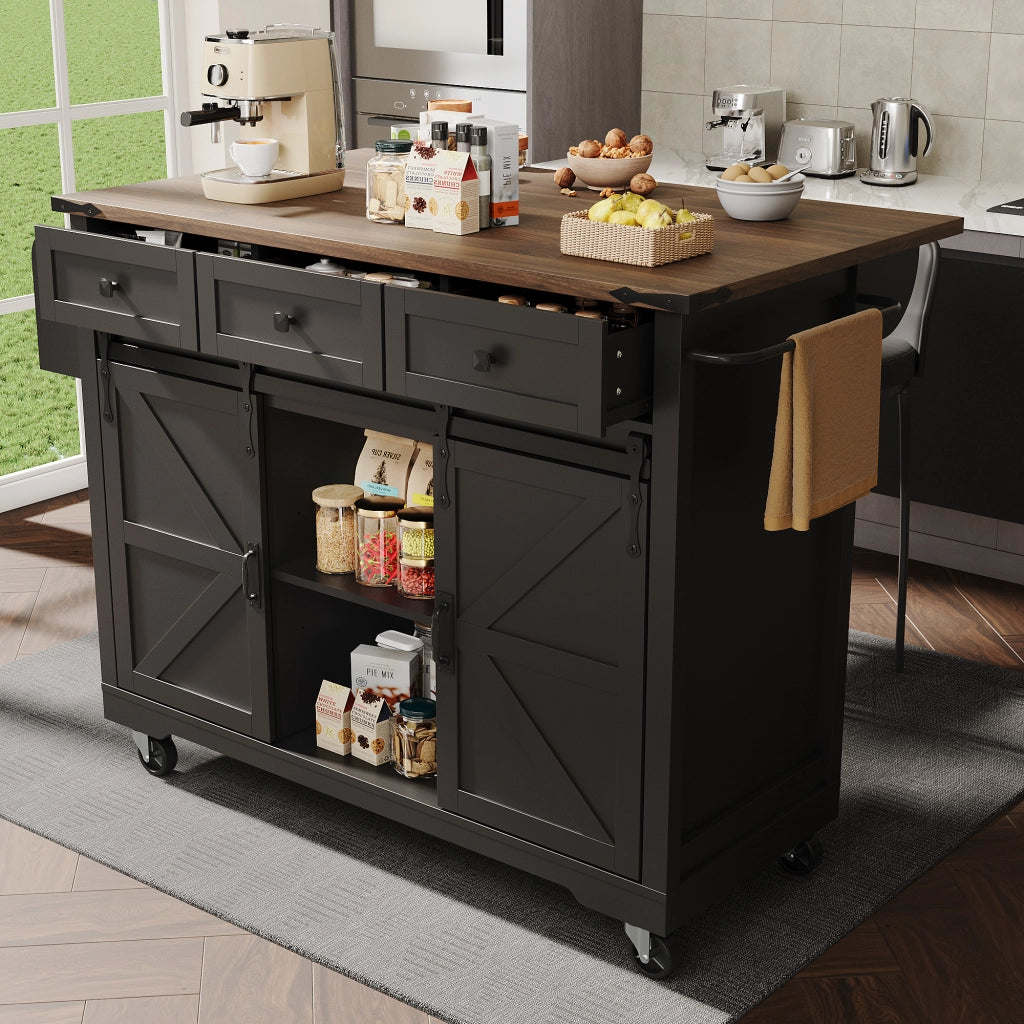 OKWISH Isola da cucina con 2 ante scorrevoli e 3 cassetti, piano ribaltabile, ruote, per cucina, nero