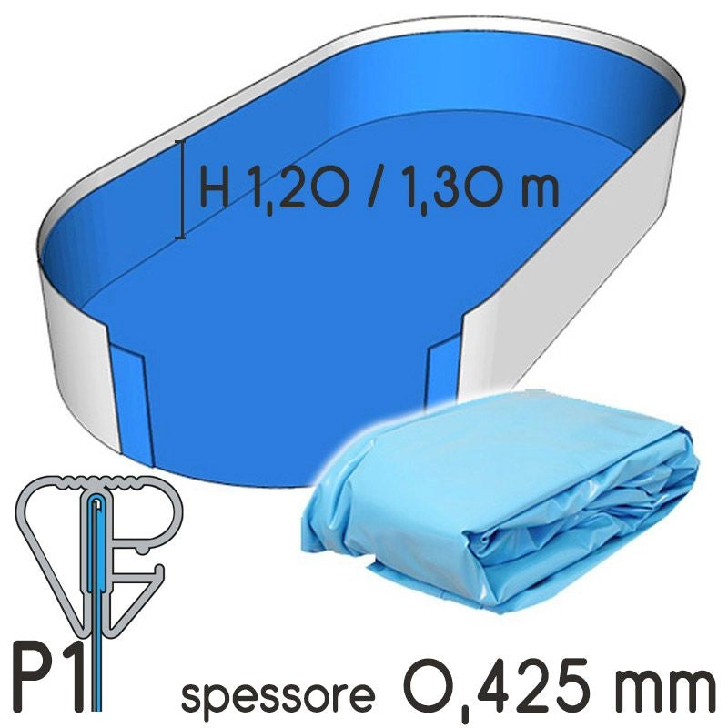 Liner Per Piscine Ovali In Lamiera Di Acciaio Con Lunghezza Da 7,25 A 7,35 E Larghezza Da 3,55 A 3,65 M, H. 1,20/1,32 - Colore Azzurro- Spessore 0,425