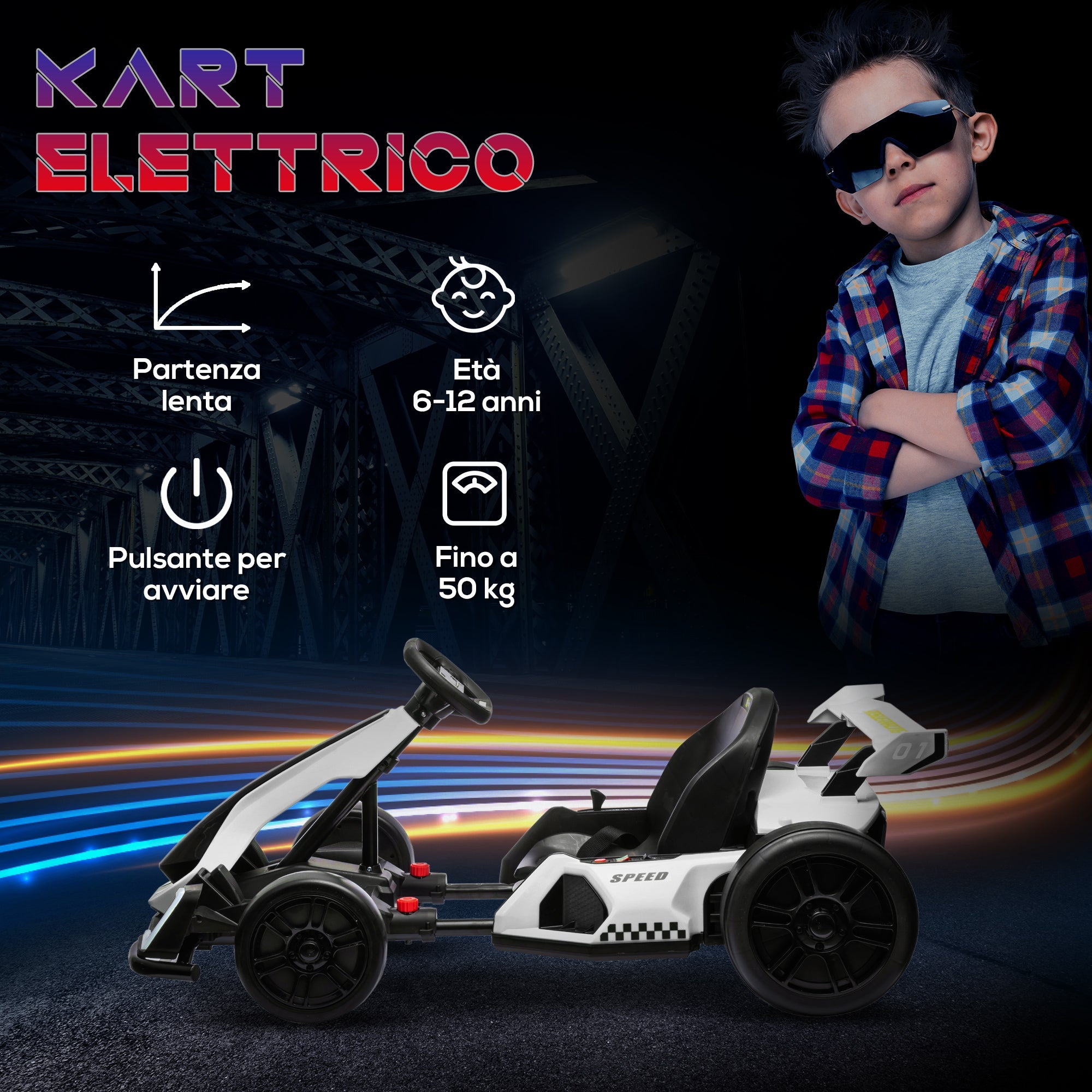 Go Kart Elettrico per Bambini 24V con Seggiolino Regolabile Bianco
