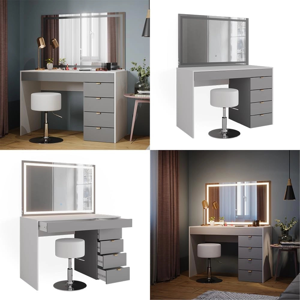 Tavolo da toeletta Elise, Bianco/grigio/grigio, 115 cm con specchio LED e sgabello, con illuminazione LED e seduta girevole regolabile in altezza