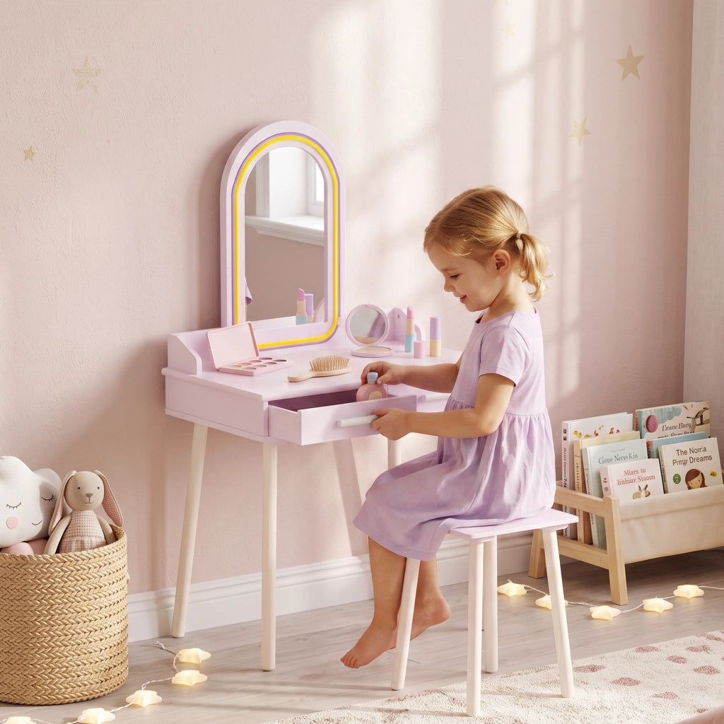 Set Toeletta Trucco Bambina 2 in 1 con Sgabello e LED, 3-8 Anni Rosa