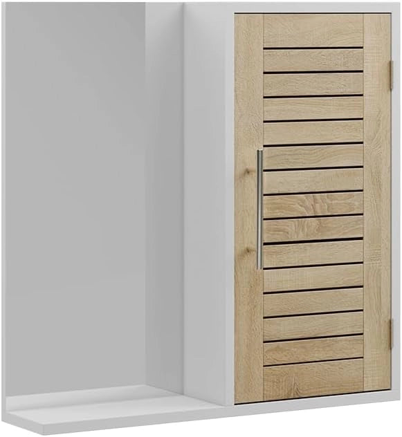 Specchio contenitore bagno Looma, Bianco/quercia, 60 x 60 cm con 3 scomparti, utilizzabile come armadio sovrapponibile per lavatrice o WC