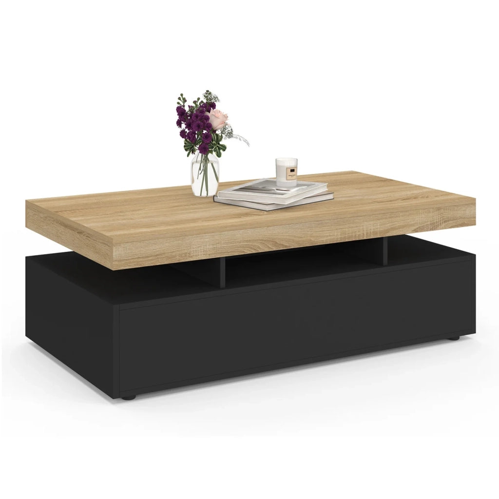 IDMarket - Tavolino rettangolare a 2 cassetti ELSA in legno nero con piano in faggio