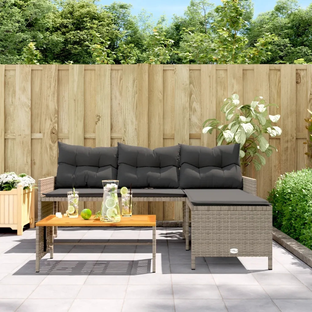 Divano da Giardino con Tavolo e Cuscini a L-Sofa da Giardino-Divano da esterno Grigio Polyrattan 226646