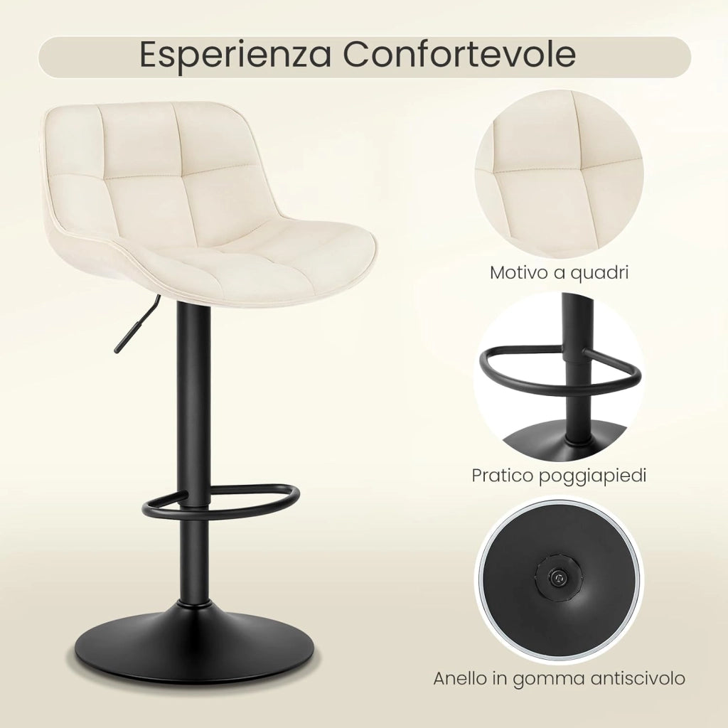 Set di 4 Sgabelli da Bar Moderni, Sgabelli da Cucina con Schienale e Poggiapiedi, Sedie Alte Girevoli e Regolabili con Seduta Imbottita in Velluto, Altezza Sedile, Crema