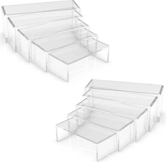 2 Sette Display Stand per Vetrina in Acrilico - Mostra Piattaforma per Display di Gioielleria - 5 Dimensioni Display Elevatori in Acrilico (10 Pezzi)