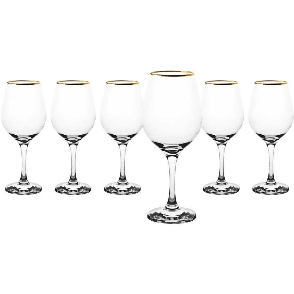 Trade Shop - Set Di 6 Calici Da Vino In Vetro Trasparente Con Elegante Bordo Superiore Oro Da 36,5cl -