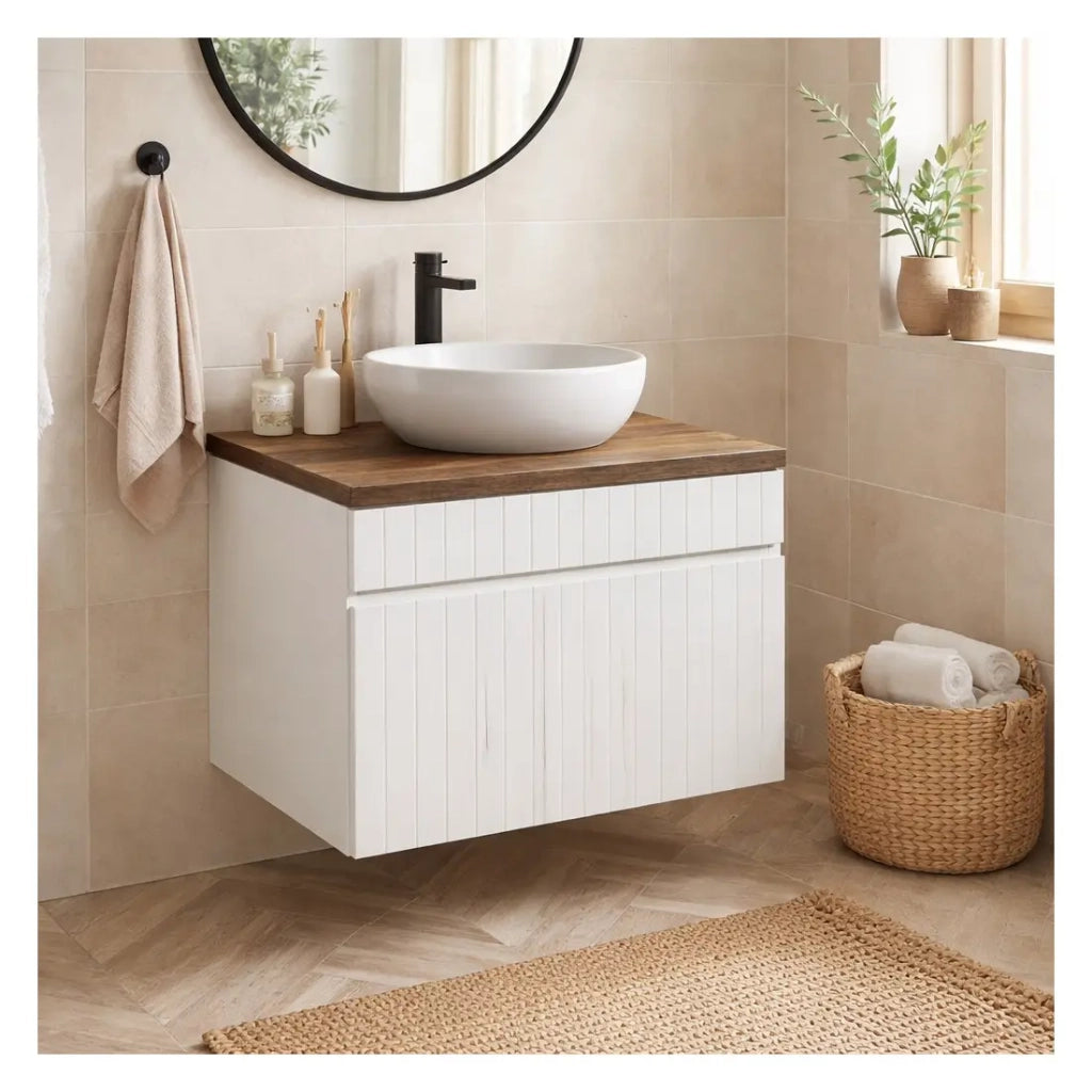 Set ICON bianco: mobile sottolavabo 80cm + piano per lavabo effetto legno scuro