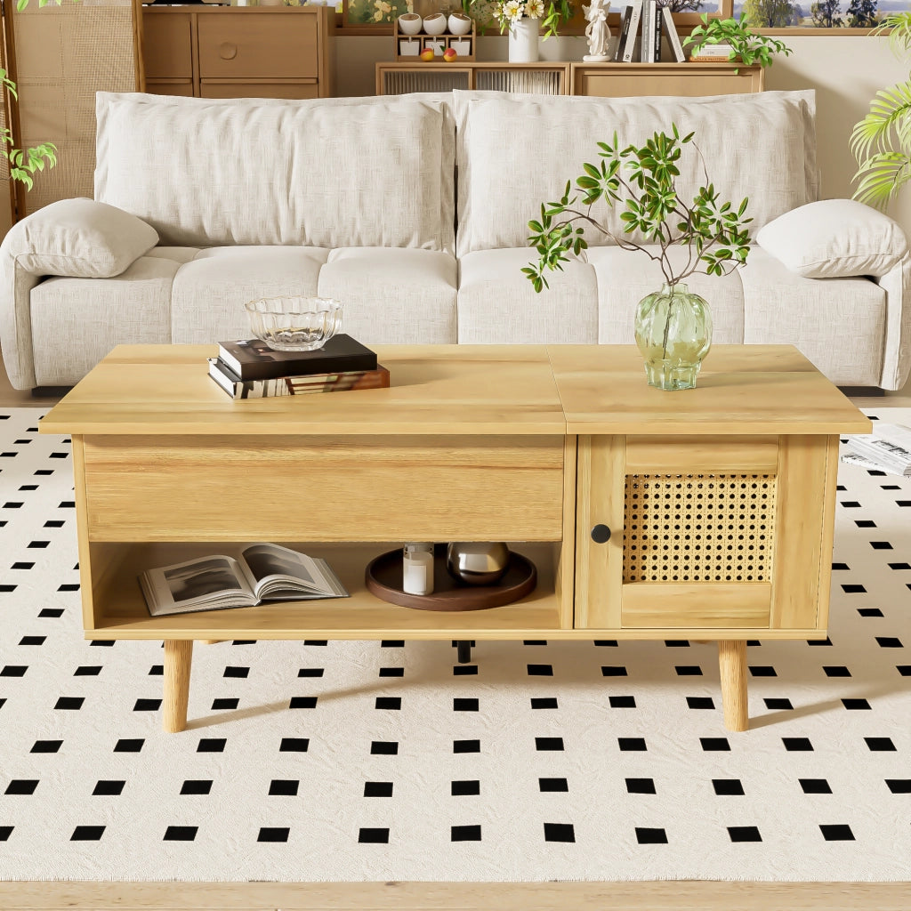 Tavolino da Caffè con Piano Sollevabile e 2 Ante Effetto Rattan; Stile Moderno; Soggiorno; in Pannello Truciolare; 103×50×46 cm; Legno