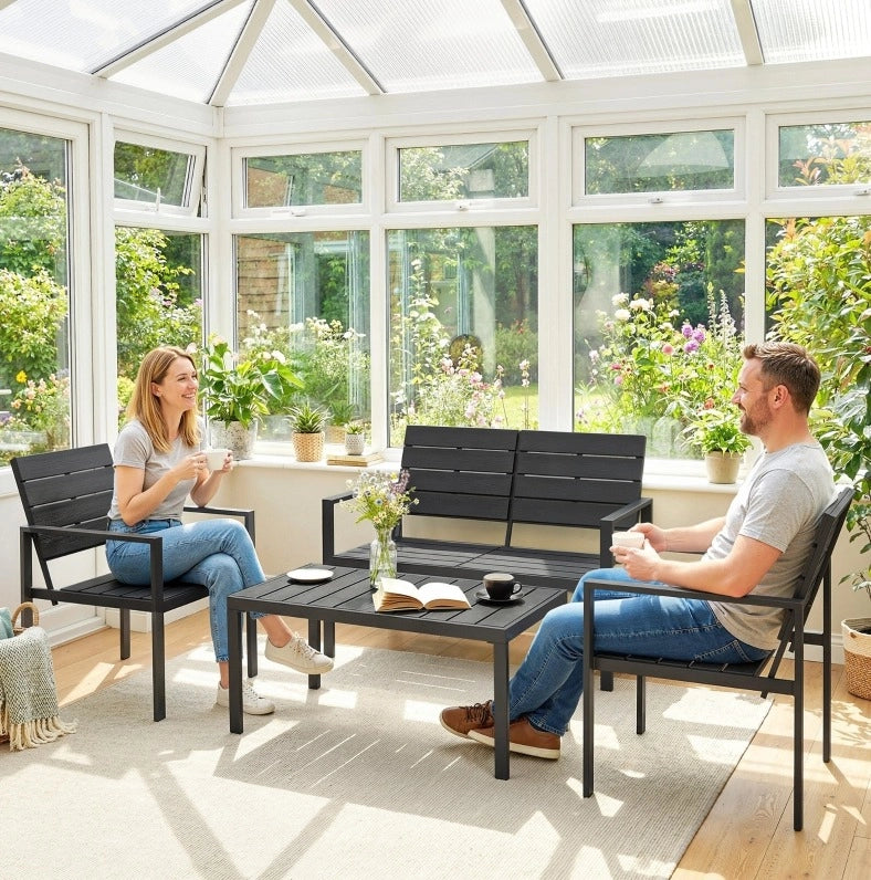 Set lounge da giardino per 4 persone; con divano a 2 posti; 2 poltrone e tavolino; nero