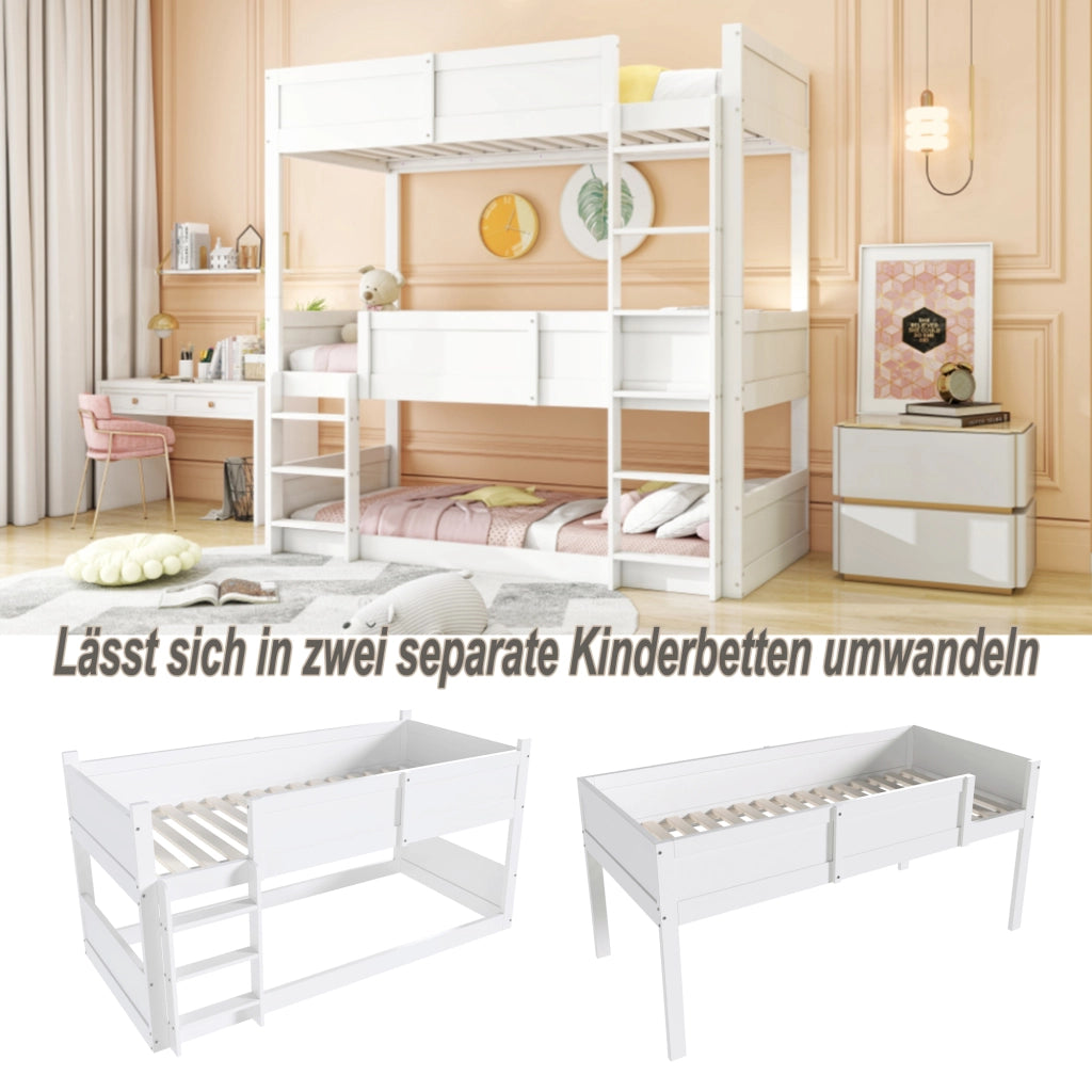 OKWISH Letto a Castello 90×200 cm, Letto 3 Posti con Sponde di Sicurezza e Struttura Modulare, senza Materasso, in Legno, Bianco