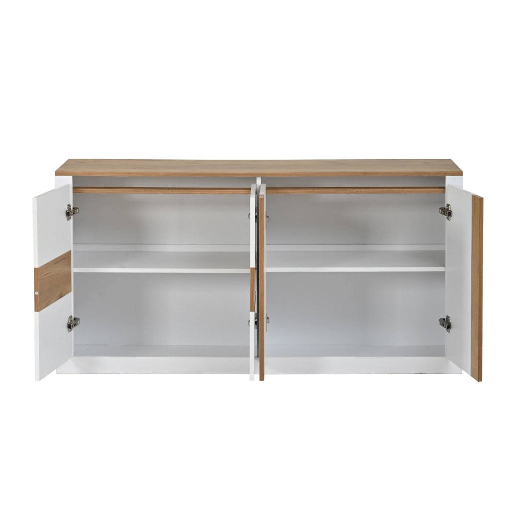 Sideboard 140¡Á35¡Á70 cm in MDF, 4 ante scorrevoli, LED RGB, finitura bianco lucido/effetto legno naturale e ripiani regolabili.
