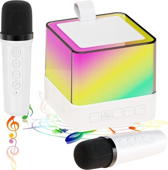 Impianto Karaoke - Macchina Karaoke Mini Portatile per Bambini e Adulti con 2 Microfoni Senza Fili - lettore Bluetooth Illuminazione a LED Giocattolo Regalo per Festa di Compleanno (Bianco)