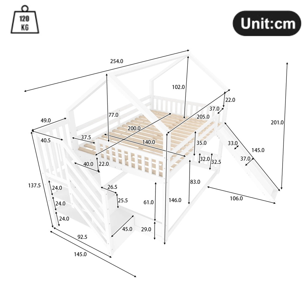 Letto a castello a casetta per bambini con scivolo; scala con vano contenitore e sponde; 140x200 cm; bianco