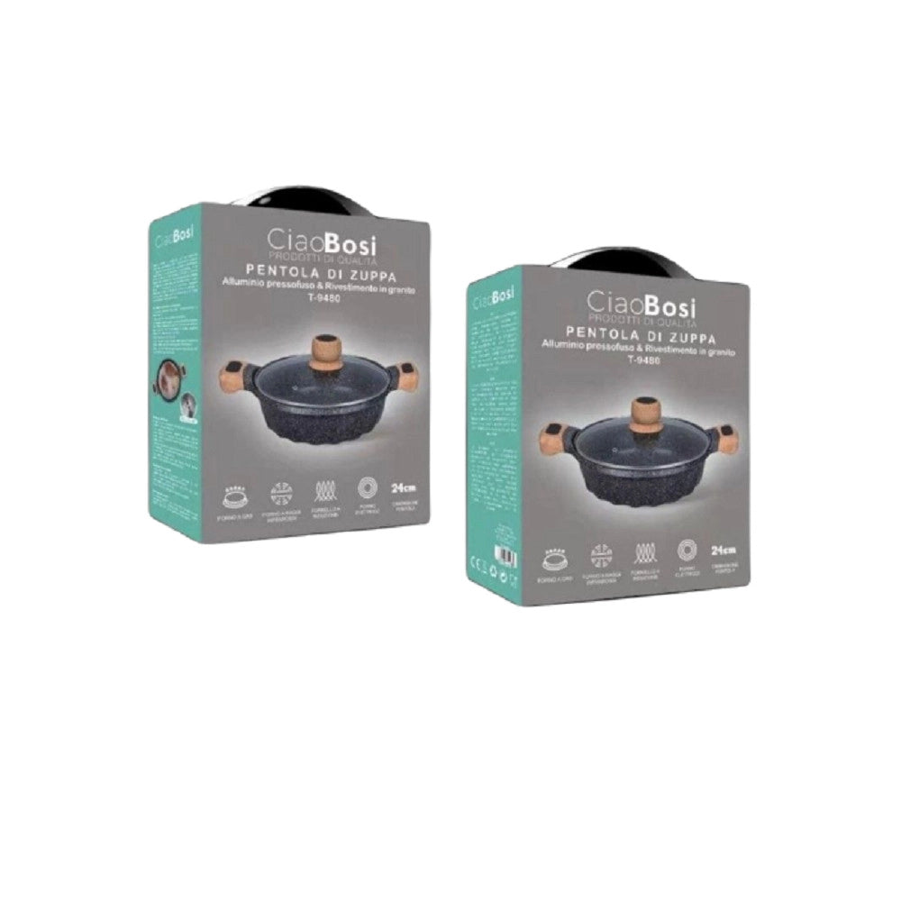 Trade Shop - Pentola Tegame Per Zuppa Rivestito Granito Con Coperchio Fondo Basso 24cm T-9480 -