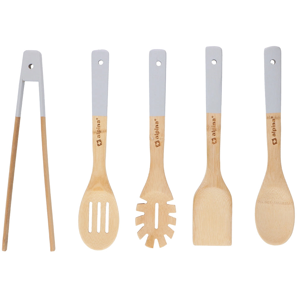 Set 5 Utensili da Cucina in Bambù Lunghezza 30 cm Antigraffio Colori Assortiti