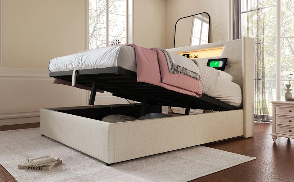 DESMIU Lit Matrimoniale 140 × 200 cm con LED, USB e Type-C, contenitore, con materasso, in lino, beige