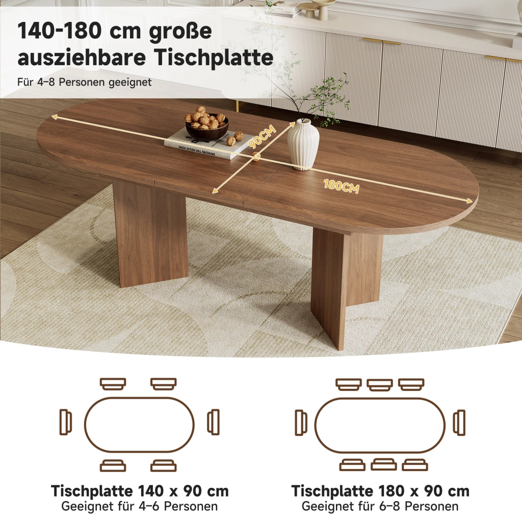 Tavolo allungabile con piano ispessito e angoli arrotondati per sala da pranzo, in MDF, noce, 140 × 90 cm