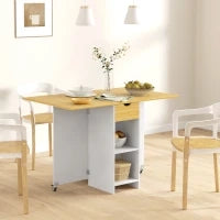 Tavolo da Pranzo Pieghevole per 2-4 Persone con 2 Ribalte, Cassetto e Ripiani, Quercia
