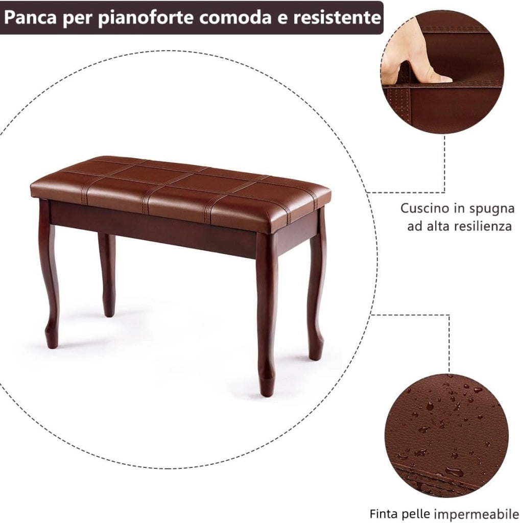 Panca per Piano Sgabello Panca Pianoforte, Cuscino Imbottito, con Scomparto di Immagazzinaggio, Costruzione in Legno Massiccio Rigido (Marrone)