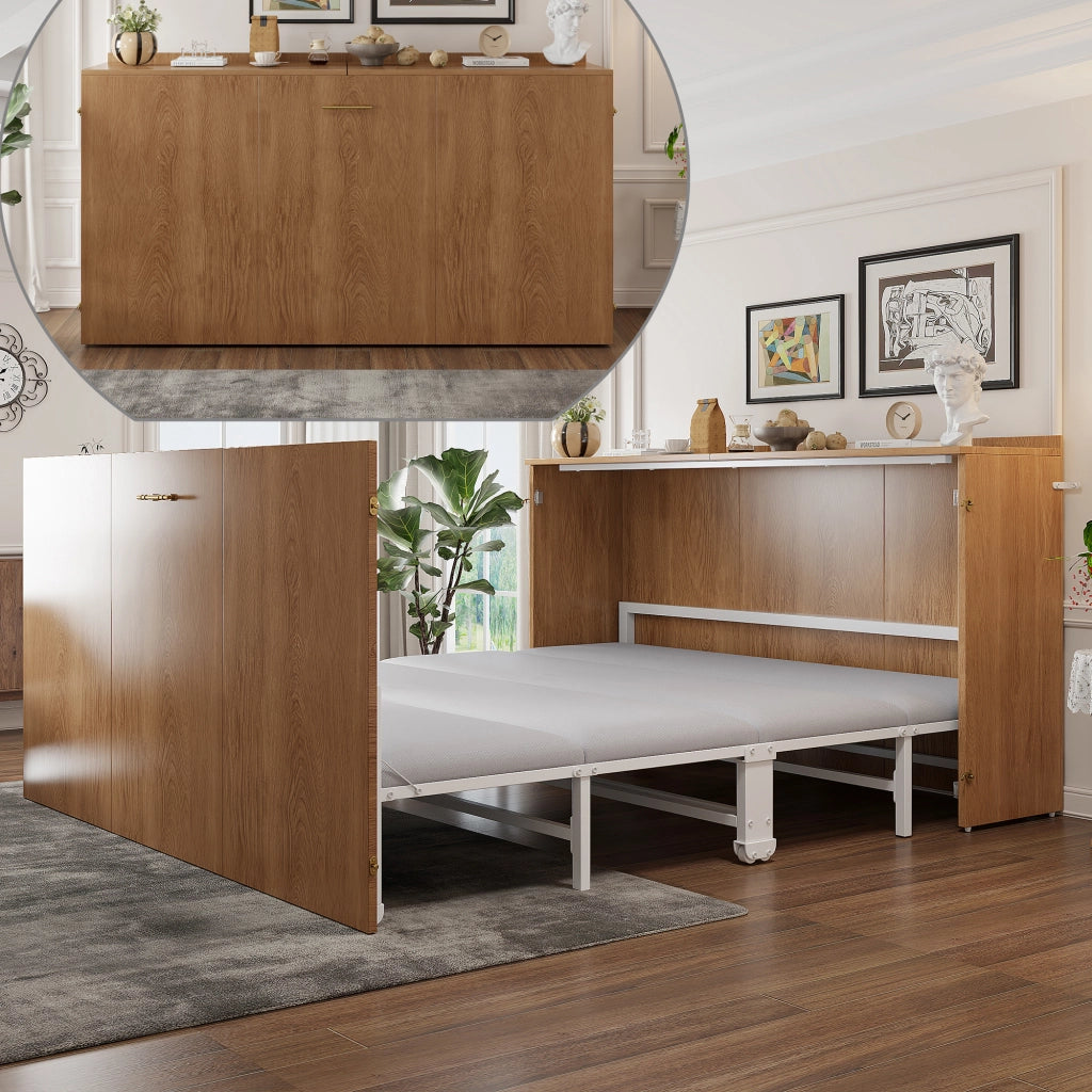 Letto a scomparsa 140 × 200 cm con materasso in lino, struttura in metallo e ruote silenziose, colore legno