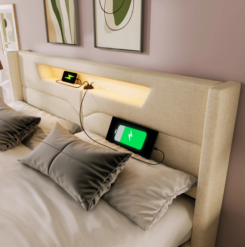 Letto imbottito 140x200 cm beige con LED, USB/Type-C, vano contenitore e materasso H3