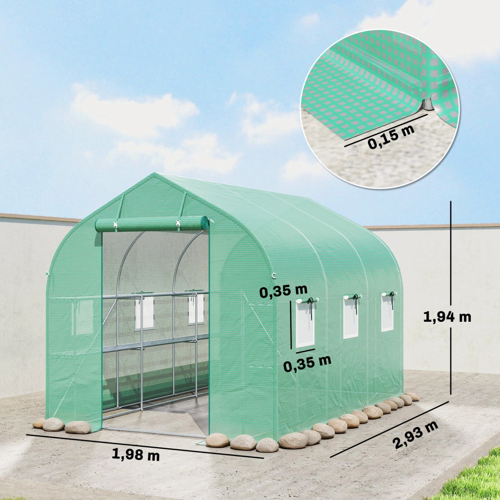 Serra da giardino tunnel 6m2 con ripiani, porta e 6 finestre ¨C Minimal ¨C telaio in acciaio galvanizzato, verde