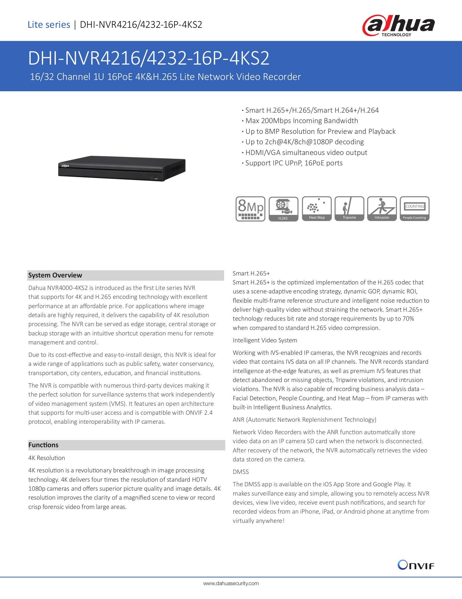 16Ch Nvr PoE 4K 200Mbps Smart H.265 NVR4216-16P-4KS2 - Dahua