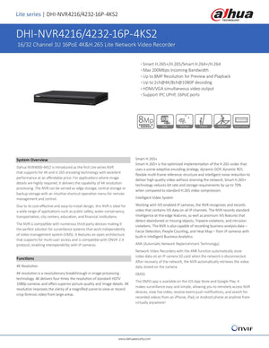 16Ch Nvr PoE 4K 200Mbps Smart H.265 NVR4216-16P-4KS2 - Dahua