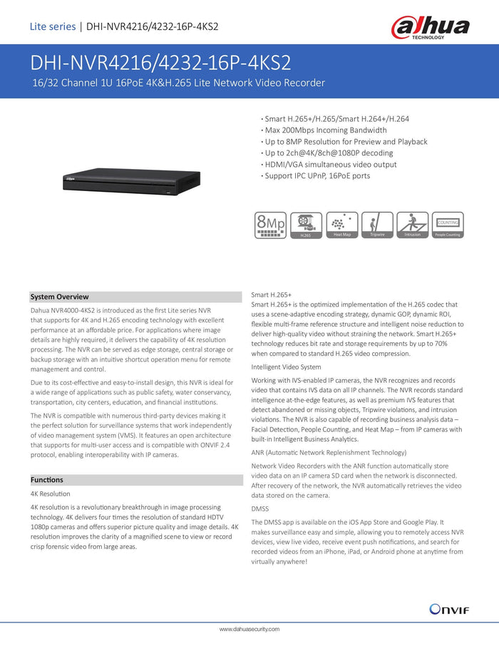 16Ch Nvr PoE 4K 200Mbps Smart H.265 NVR4216-16P-4KS2 - Dahua
