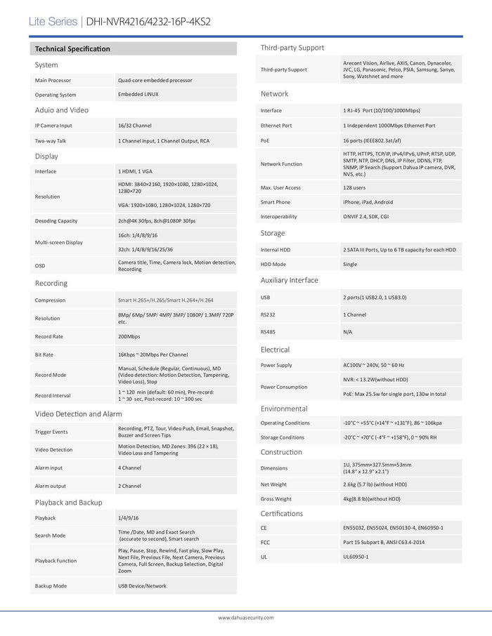 16Ch Nvr PoE 4K 200Mbps Smart H.265 NVR4216-16P-4KS2 - Dahua
