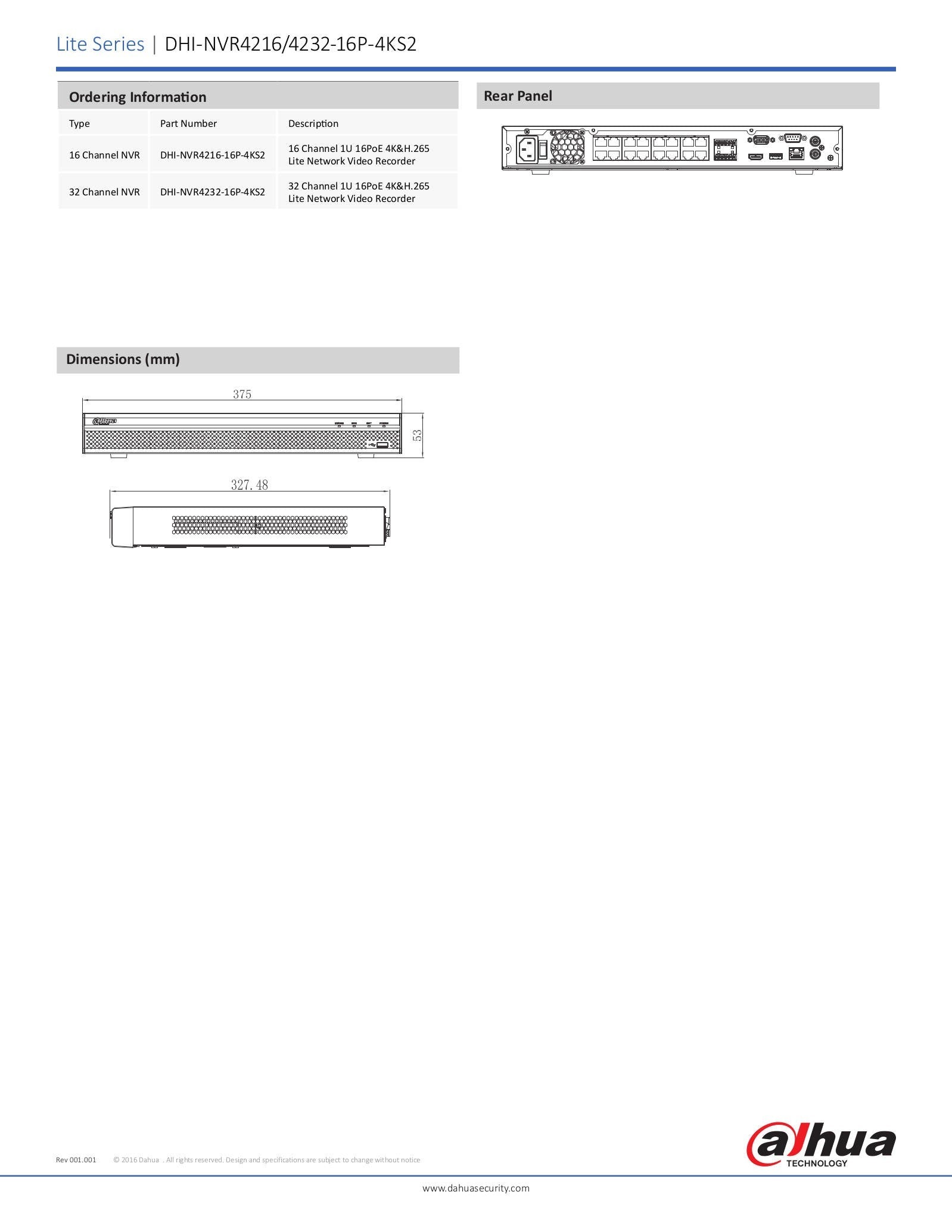 16Ch Nvr PoE 4K 200Mbps Smart H.265 NVR4216-16P-4KS2 - Dahua