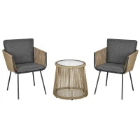 Set 2 Poltroncine con Tavolino da Esterno in Rattan PE Stile Boho, Cachi e Grigio