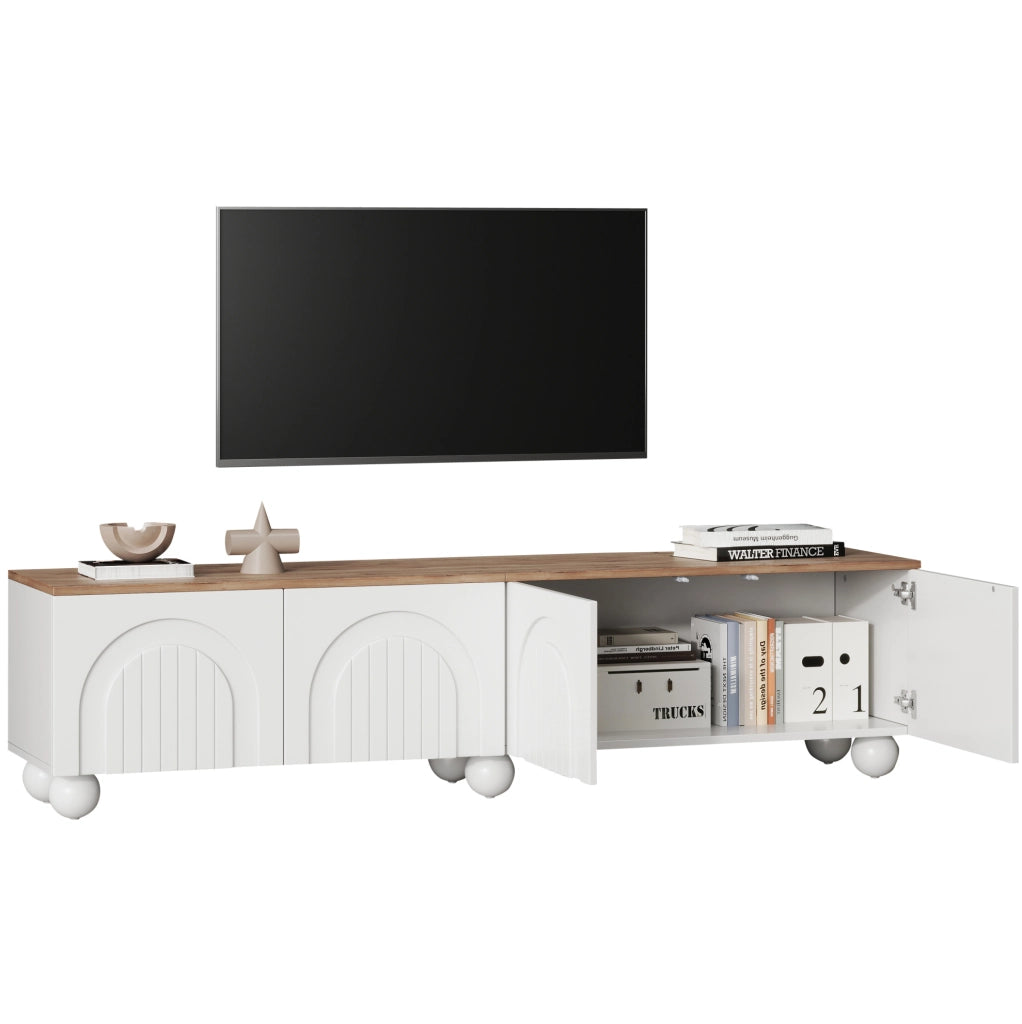 Mobile porta televisore 180x40x45 cm con 4 ante, 6 piedini metallici, bianco e effetto legno