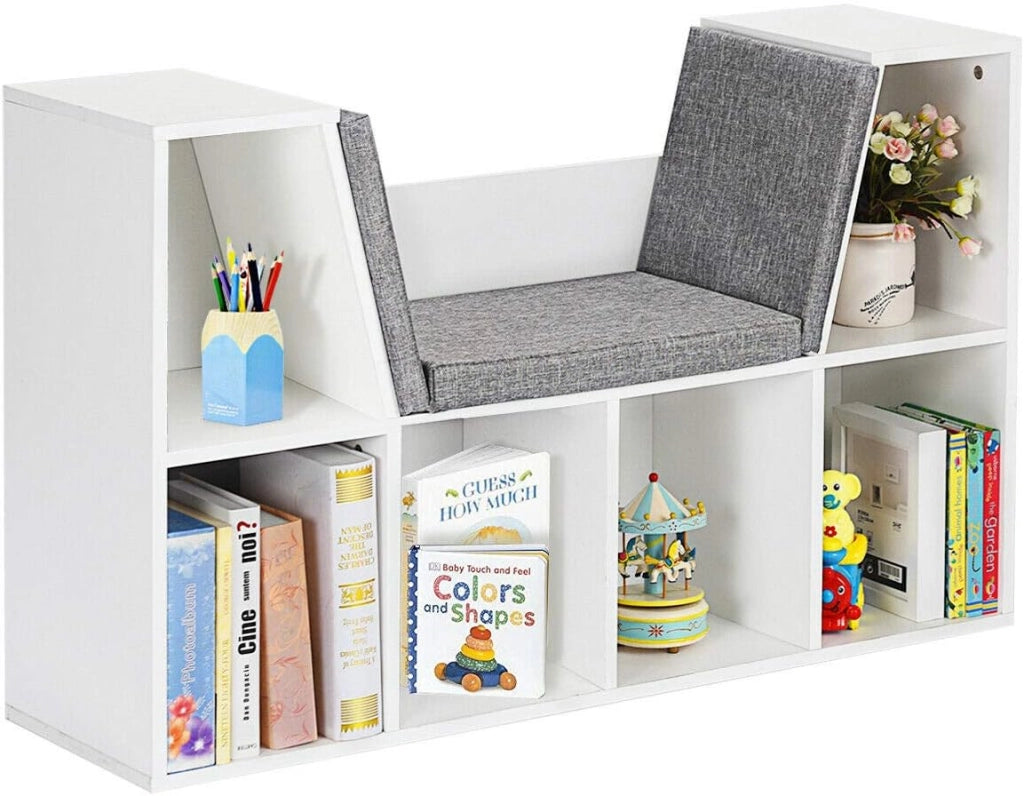 Scaffale per Libri, Libreria Panca in Legno con Cuscini per Bambini (BIanco)
