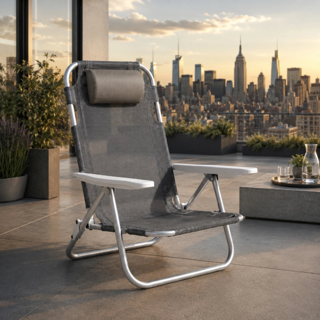 Spiaggina Reclinabile Da Mare Con Poggiatesta Imbottito Sedia Pieghevole Trasformabile In Lettino Per Campeggio Spiaggia Relax Outdoor 48.5 x 60 x 80 Cm Grigio