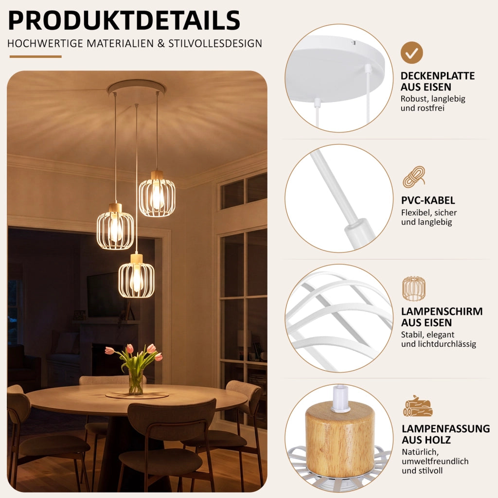 ZMH Lampada a Sospensione 3 Luci Bianco Legno Rotonda E27 Moderna per Soggiorno Cucina Camera Corridoio Senza Lampadina