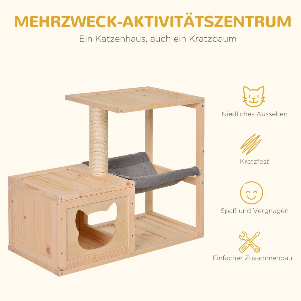 Letto per Gatti con Amaca e Tiragraffi in Legno ¨C zephmum ¨C Naturale 70x35x60 cm