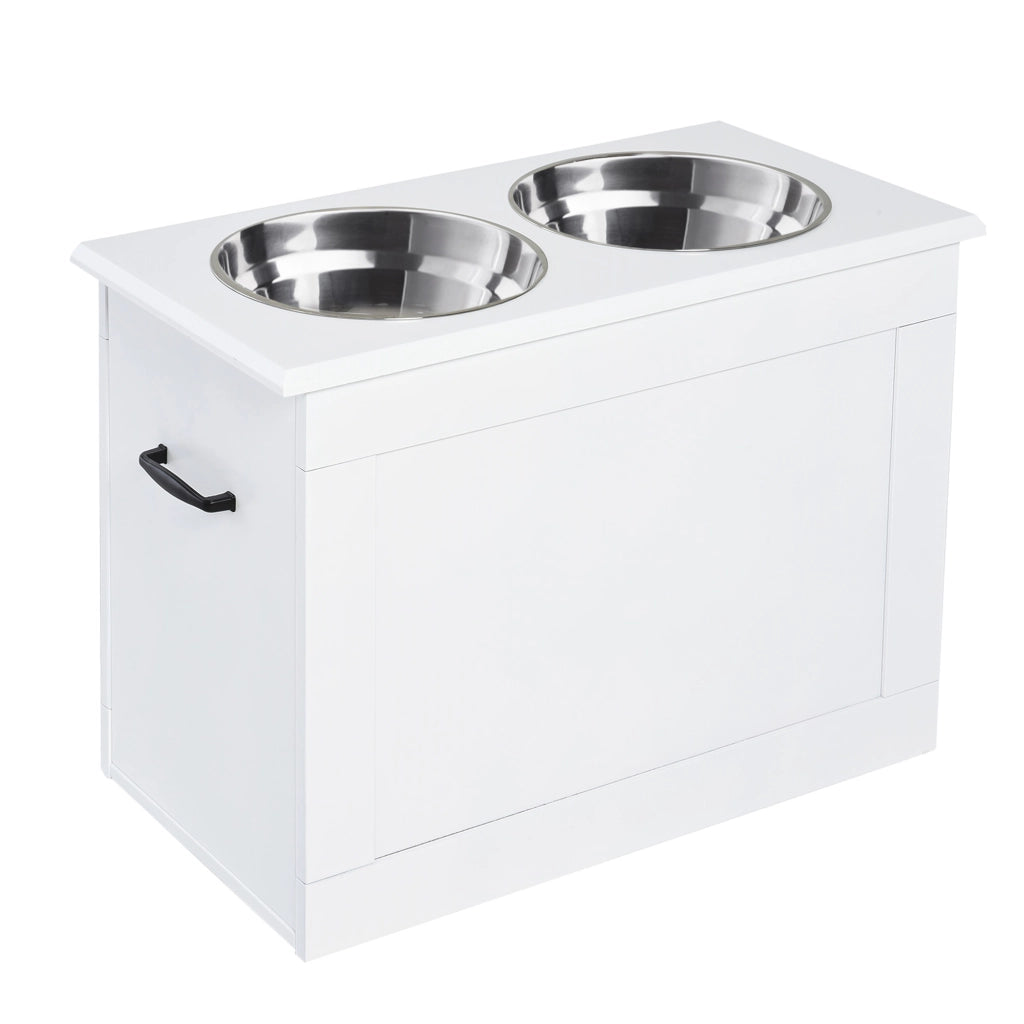 CIOTOLA RIALZATA PER CANI con 2 ciotole in acciaio, 60x30x41 cm, bianco