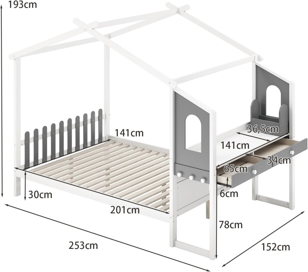 Letto Matrimoniale/Singolo con Scrivania, Letto Piattaforma in Legno con Testiera a Staccionata Ganci e Cassetti, 200x140 cm, Carico 320 kg