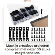 Sistema di appendi quadri da parete 100 pezzi - Haken a dente di sega - Maniglie da parete nere - Adatti per quadri - Inclusi viti - Materiale: Acciaio
