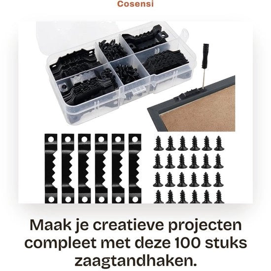Sistema di appendi quadri da parete 100 pezzi - Haken a dente di sega - Maniglie da parete nere - Adatti per quadri - Inclusi viti - Materiale: Acciaio