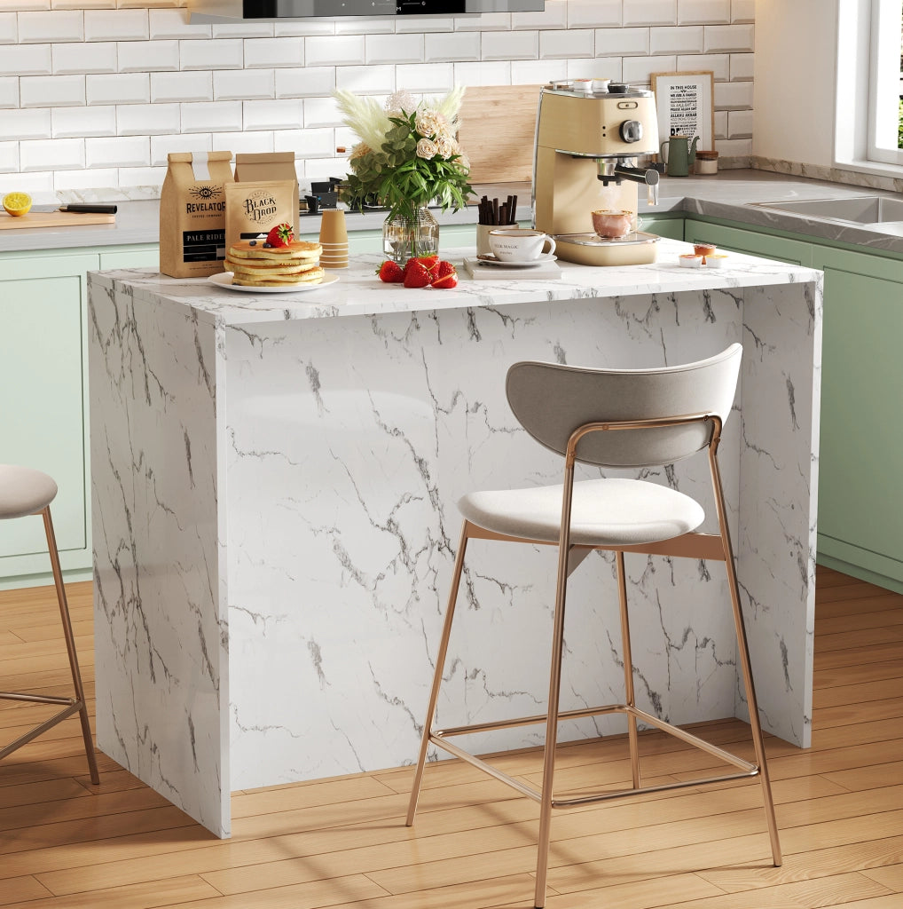 Isola da cucina 120x60x90.5 cm con bar integrato; 3 cassetti e 3 ante; MDF bianco marmo