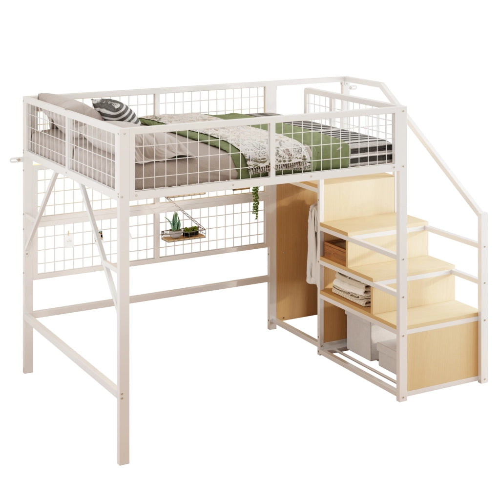 Letto a soppalco 140x200 cm con scala contenitore; armadio aperto e LED APP in metallo bianco