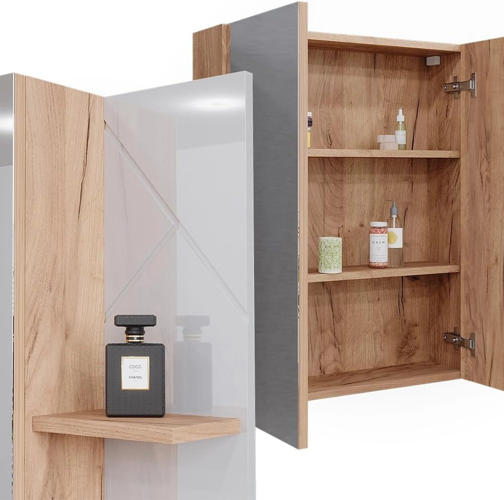 Mobile a specchio per il bagno Irma, Rovere Goldkraft/bianco lucido, 80 x 75 cm