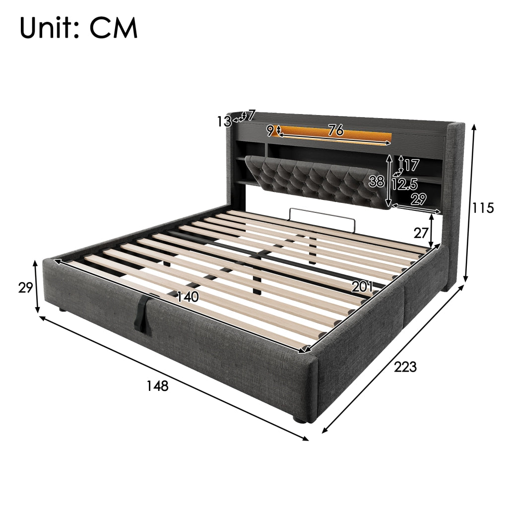 Letto contenitore matrimoniale 140 × 200 cm con LED, USB e Type-C, testiera con ripiani, senza materasso, grigio