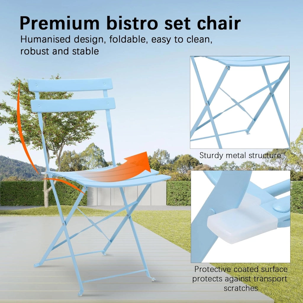 Set da Bistrò 3 Pezzi, Tavolo da Giardino Pieghevole Metallo, Set da Balcone con 2 Sedie, Mobili da Giardino, Pieghevole, Tavolo con Sedie per Balcone e Terrazzo, Blu